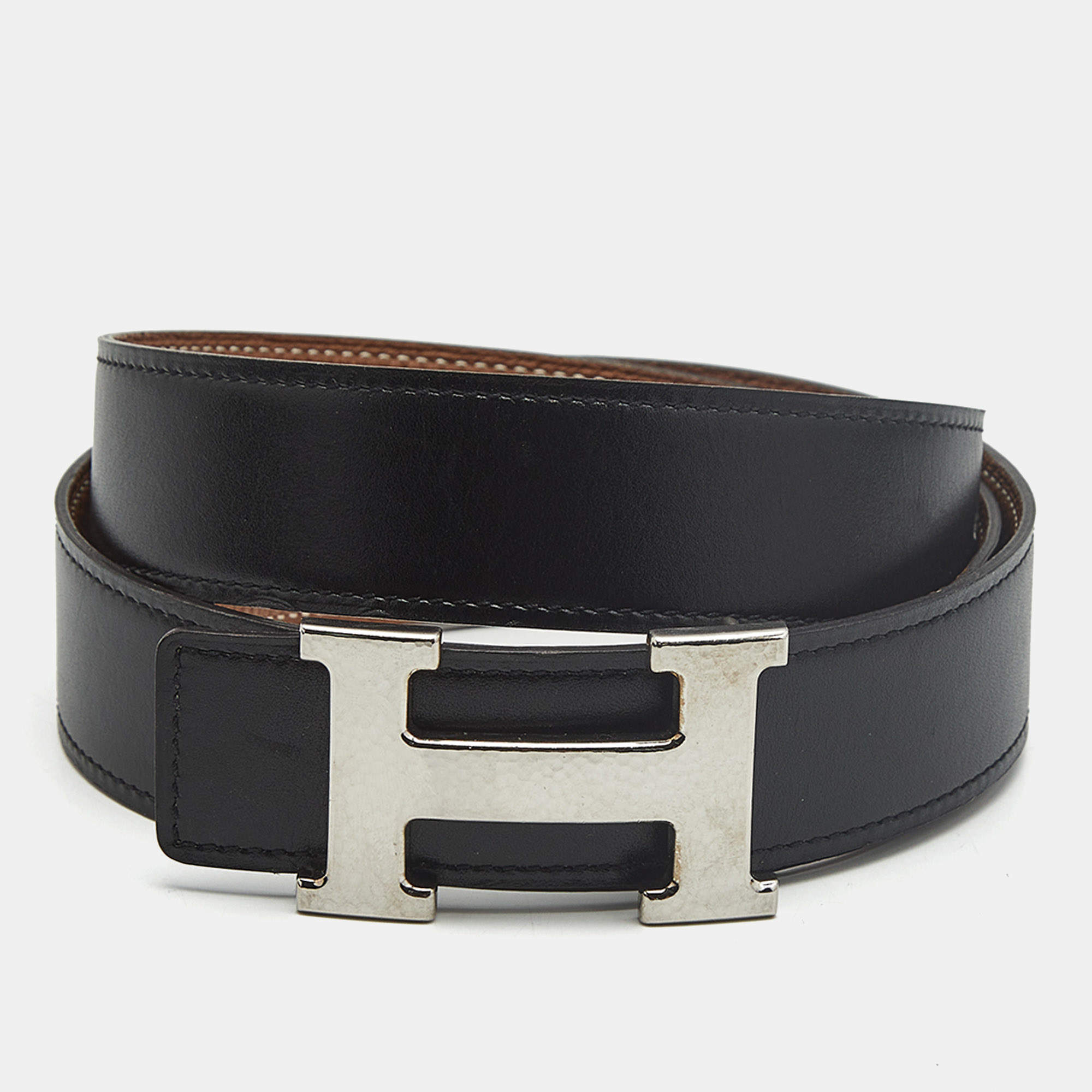 Pre Owned Hermes Hammered H 95 CM Reversible Buckle Belt Noir/Gold Box and Togo Leather