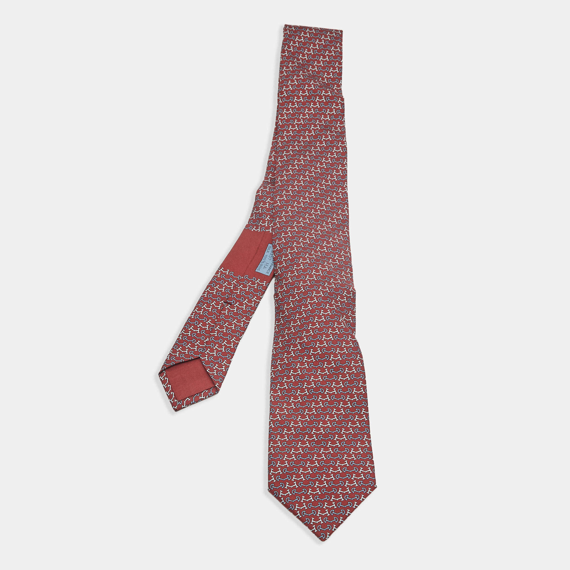 Pre Owned Hermes Red Horse bit Chain Silk Tie