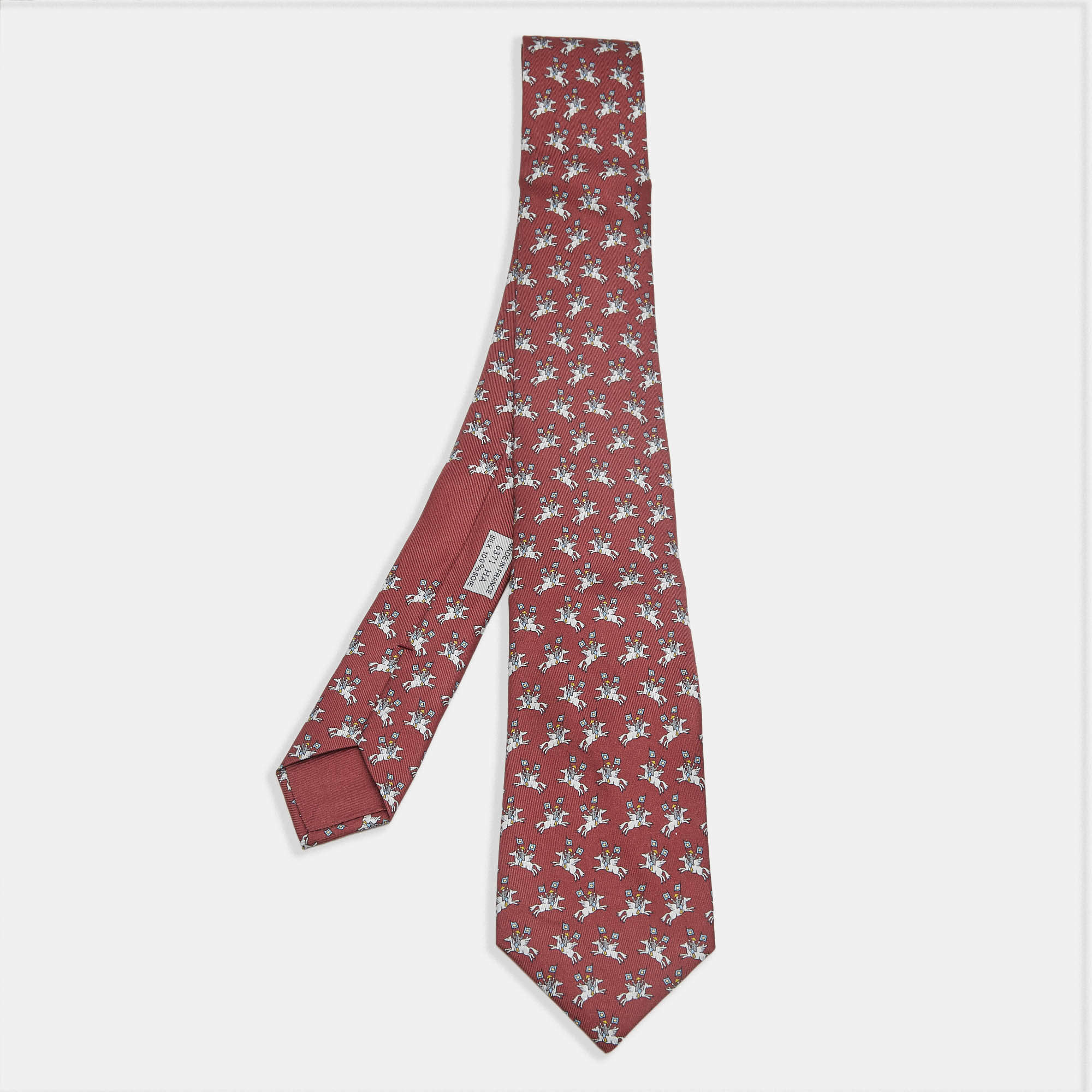 Pre Owned Hermes Brick Red Pegasus Printed Silk Tie 