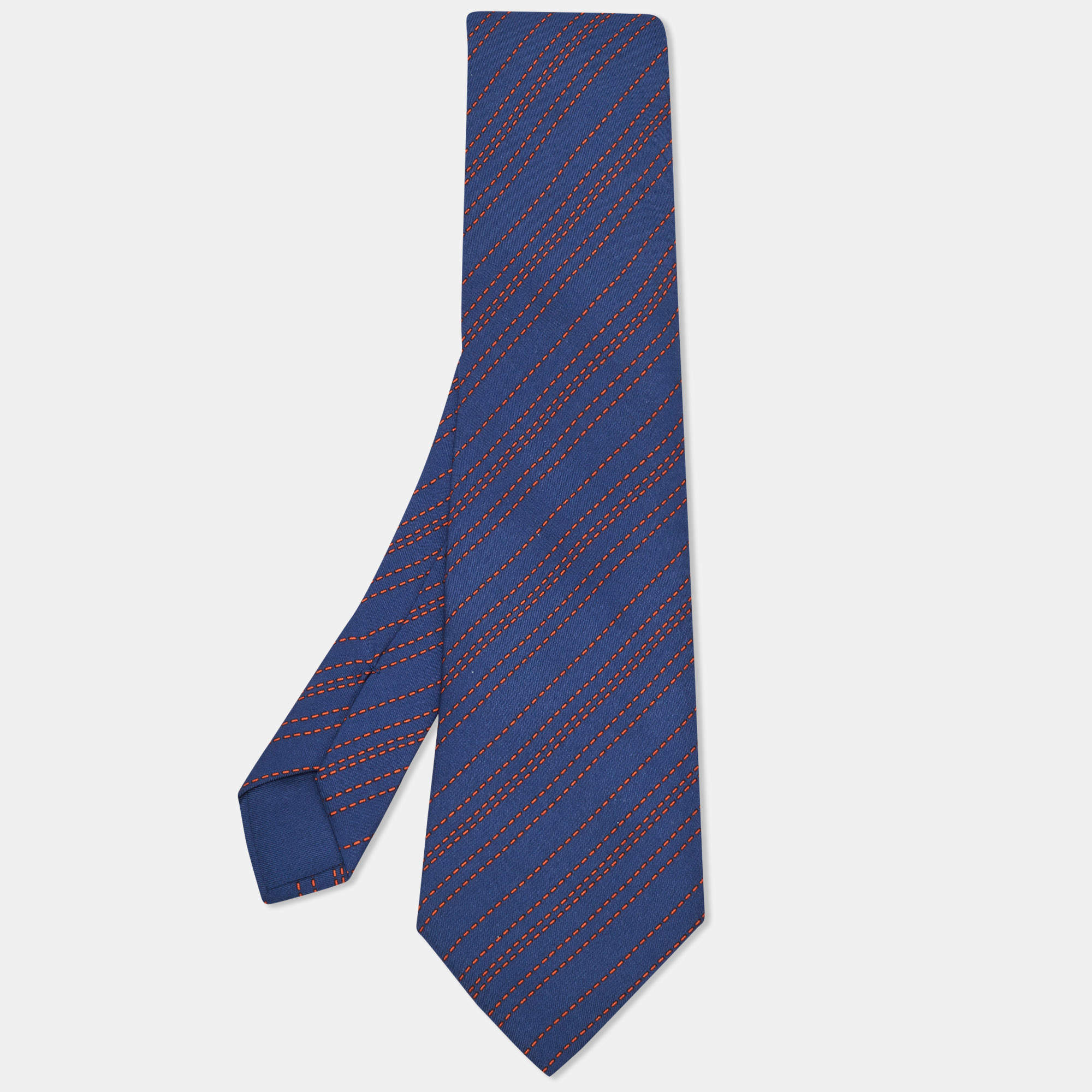 Pre Owned Hermès Dark Blue/Orange Diagonal Striped Silk Tie