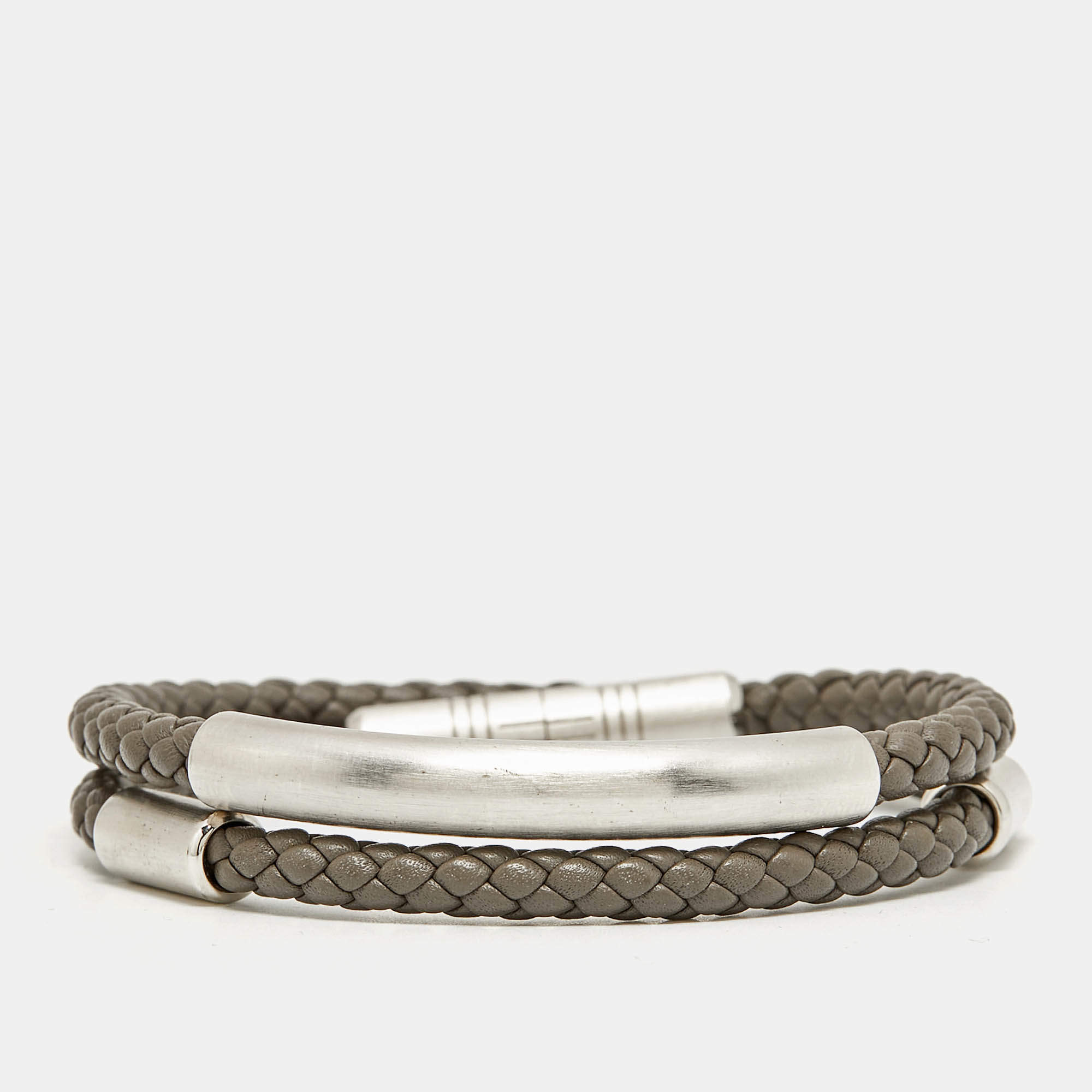 Pre Owned Hermès Totem Leather Palladium Plated Brusshed Double Tour Bracelet
