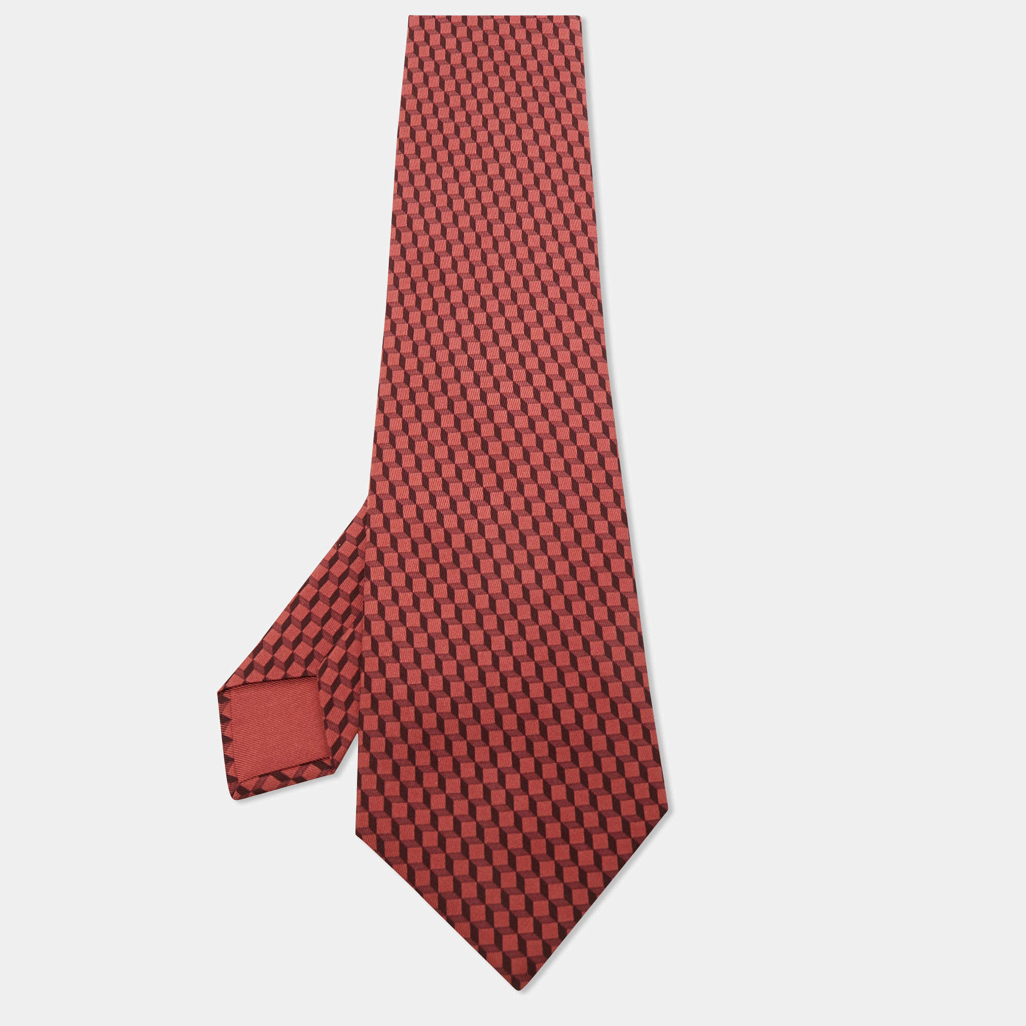 Pre Owned Hermes Burgundy Geometric Pattern Silk Tie