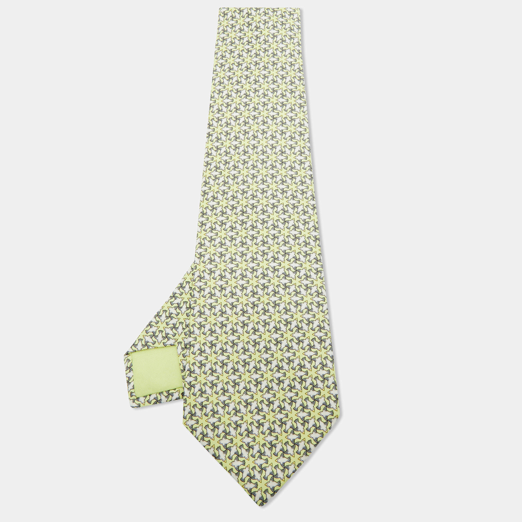 Pre Owned Hermes Light Green Bird Print Silk Tie