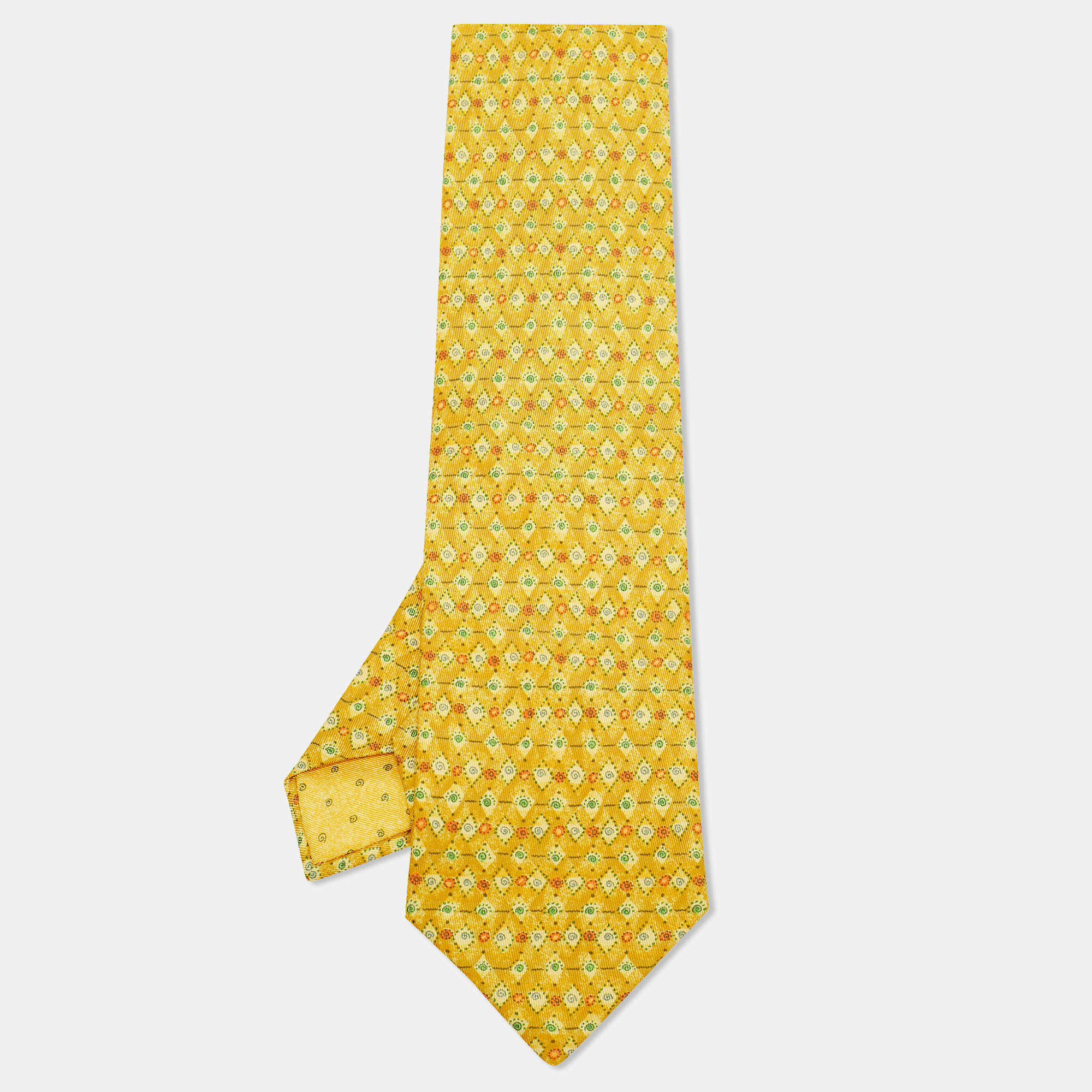 Pre Owned Hermes Yellow Spiral Pattern Silk Tie