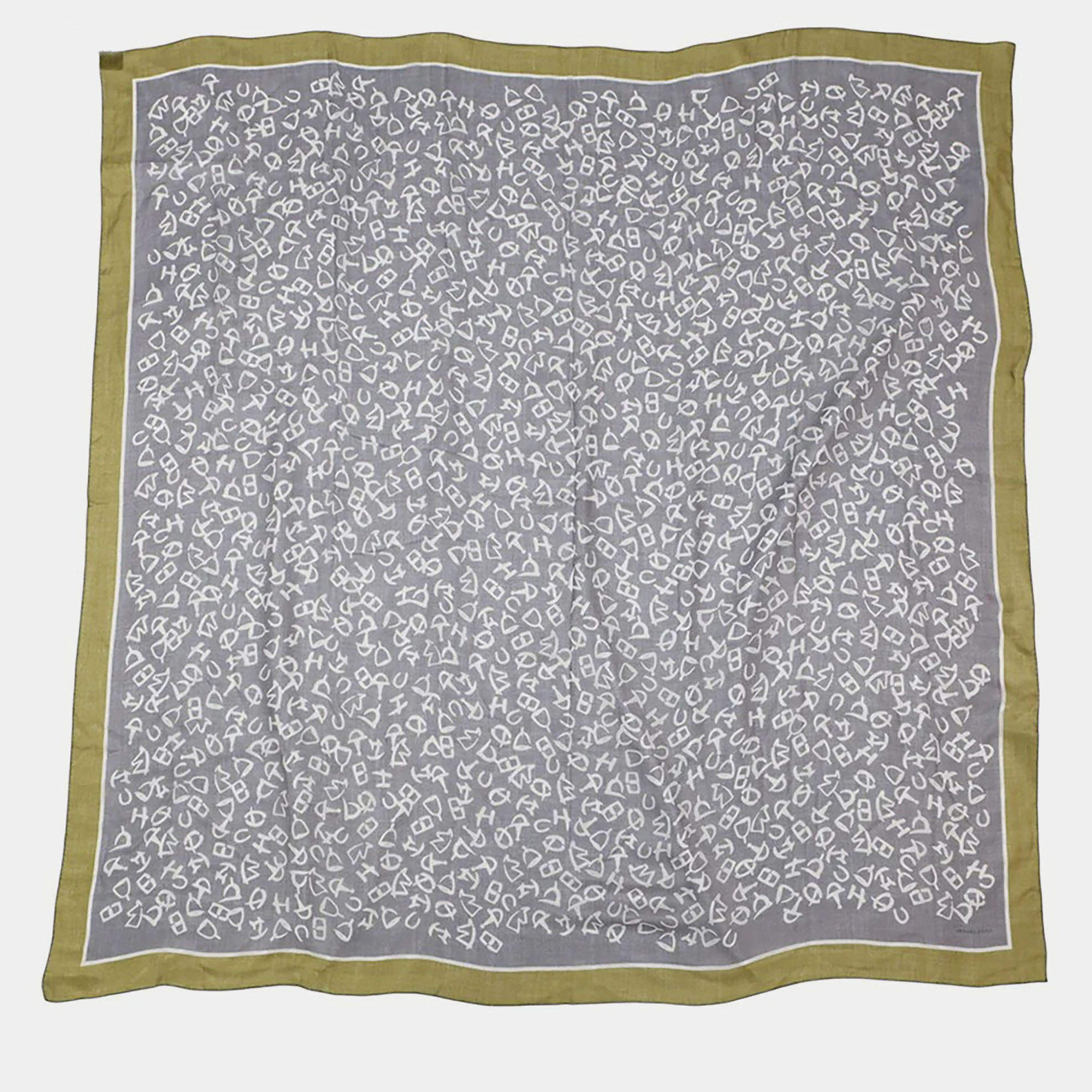 Pre Owned Hermes Carr H Calligraphy Equestre Size 140 Gravier/Chartreuse/Atlantic Cashmere Silk 
