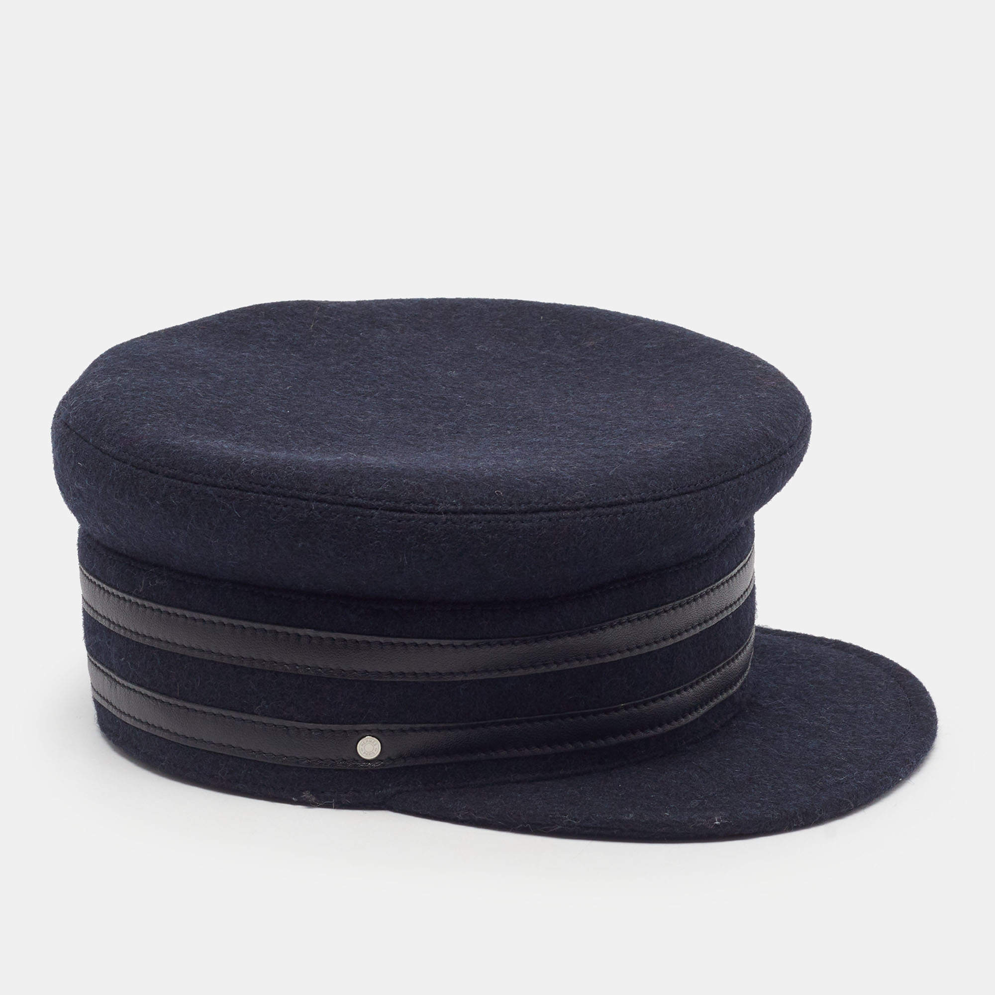 Pre Owned Hermès Navy Blue Wool and Leather Conductor Hat Size 57