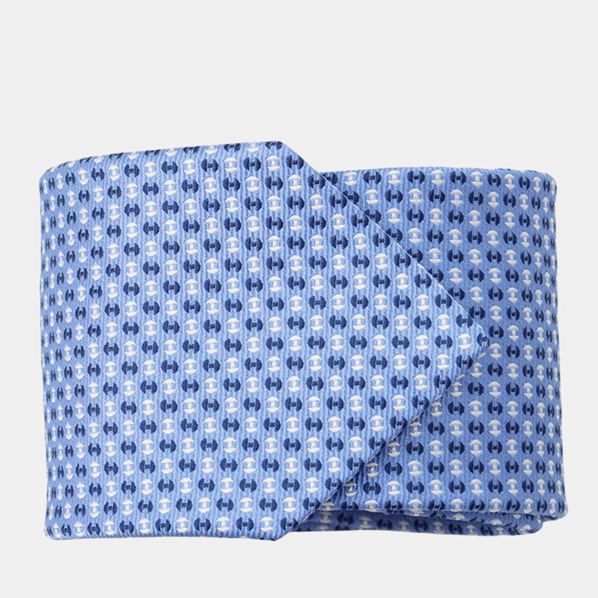 مملوكة مسبقًا Hermes H Logo Ciel Marine Blanc Silk Tie