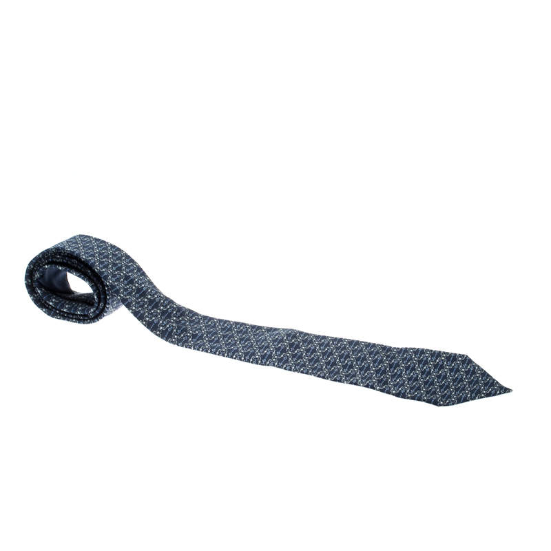 Pre Owned Hermes Navy Blue Bridle Printed Silk Tie 