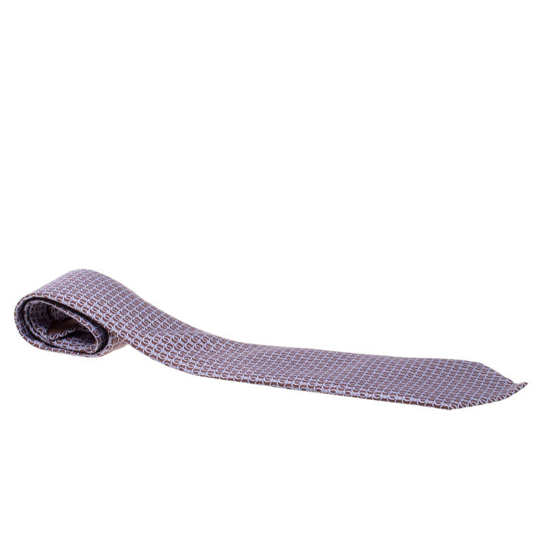 Pre Owned Hermes Brown and Purple Equestrian Icon Printed Silk Tie