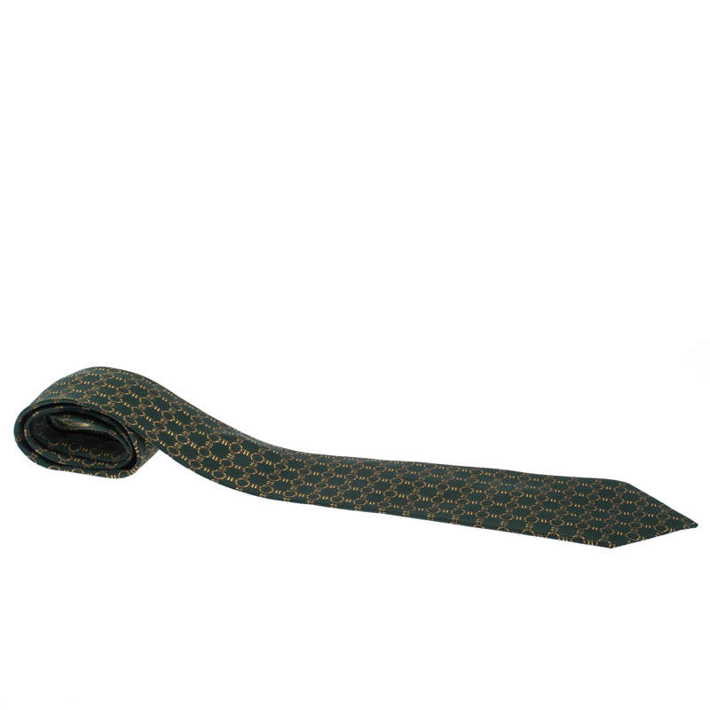 Pre Owned Hermès Pine Green Equestrian Print Silk Twill Tie