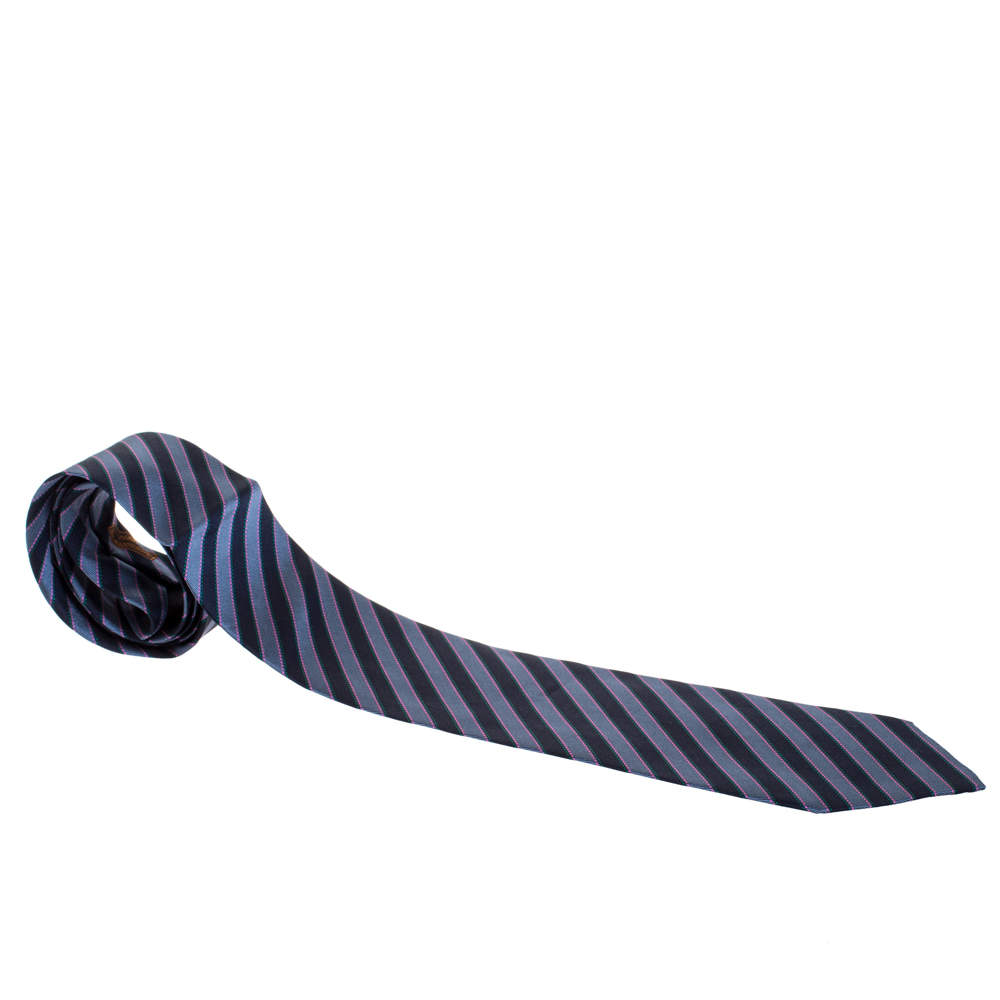 Pre Owned Hermès Blue Striped Jacquard Silk Tie