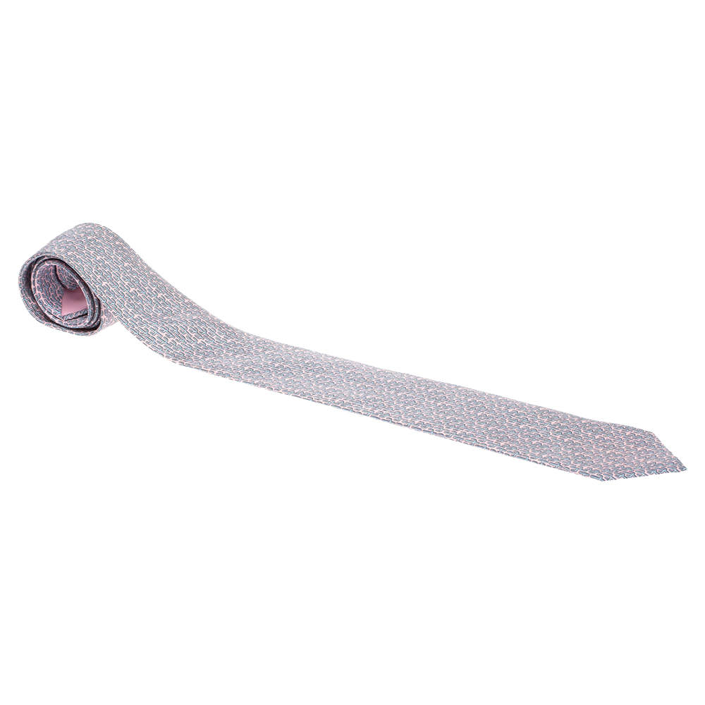 Pre Owned Hermes Pink & Blue Cactus Print Silk Tie 