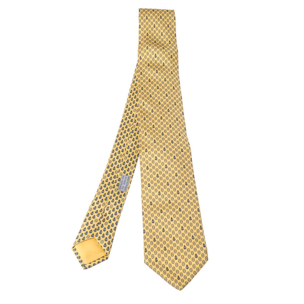 Pre Owned Hermes Yellow Anchor Print Classic Silk Tie 