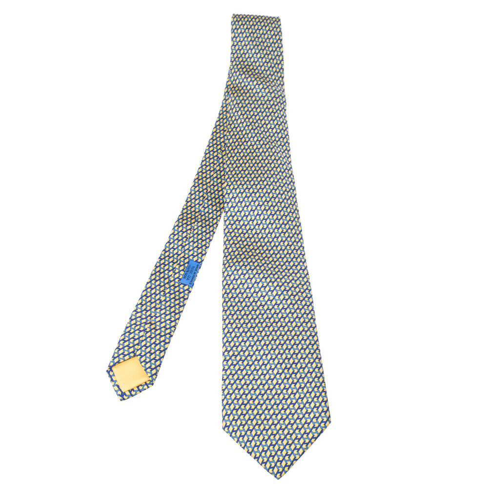 Pre Owned Hermes Yellow & Blue Geometric Print Traditional Silk Tie 