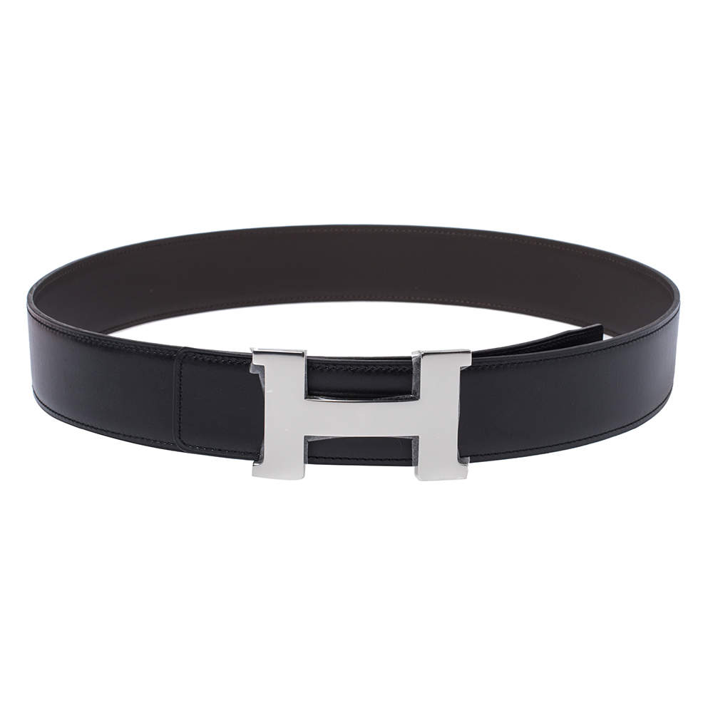 Pre Owned Hermes Black/Cacao Box Calf Leather Constance Reversible Belt 90CM