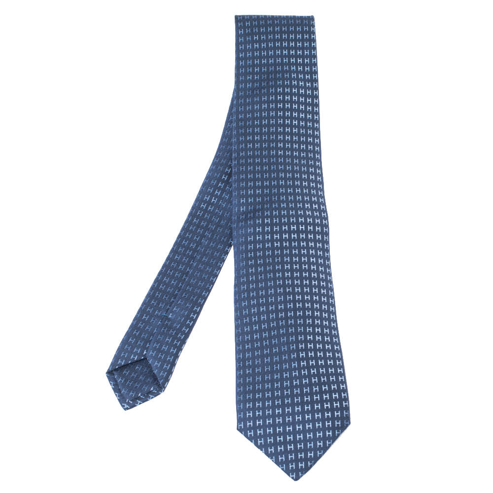 Pre Owned Hermes Thalassa Blue Faconnee H Silk Jacquard Tie