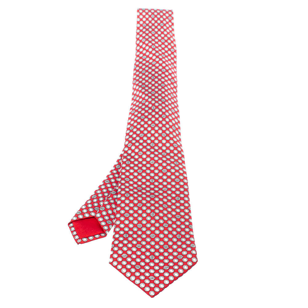 Hermès Red Geometric Print Traditional Silk Tie