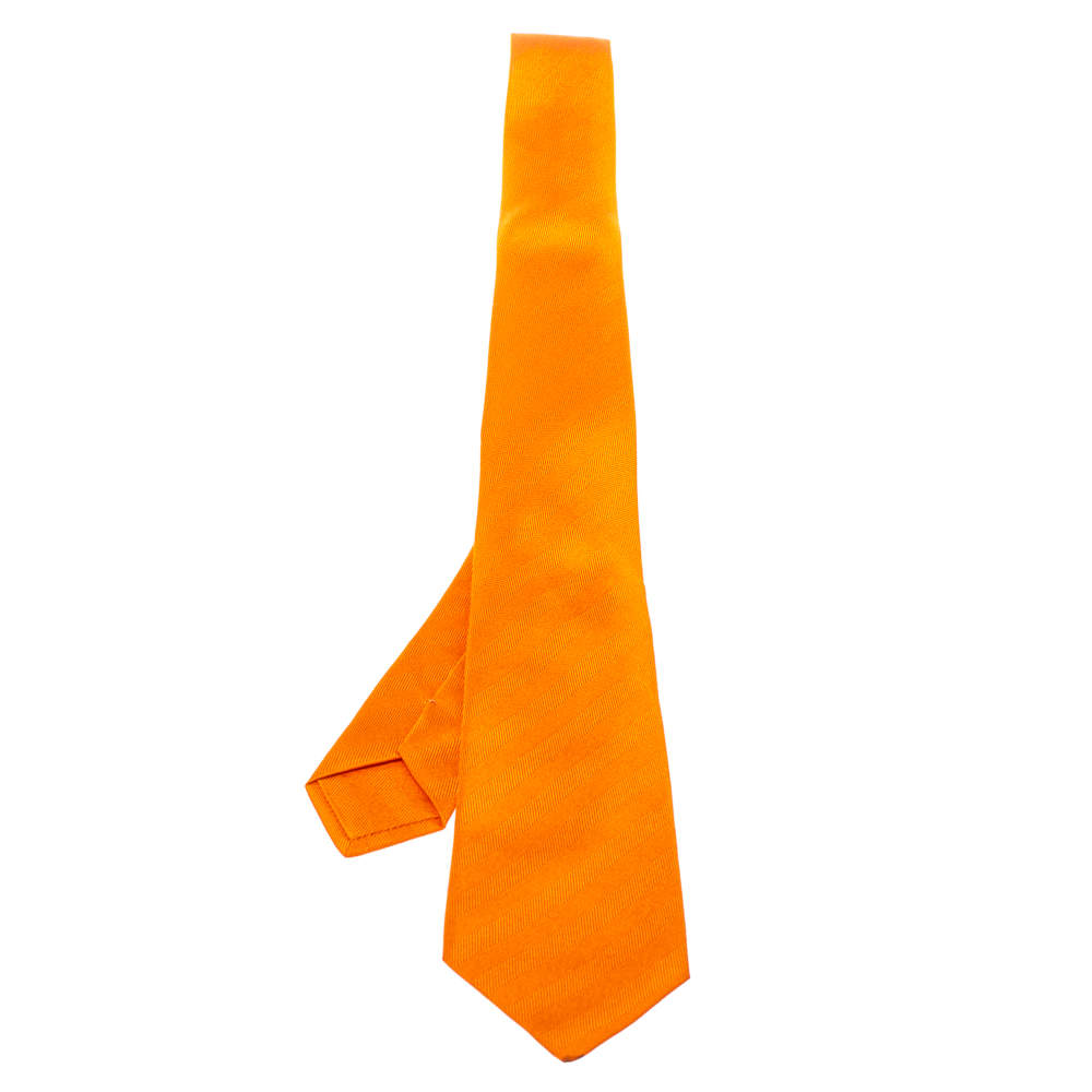 Pre Owned Hermès Orange Unie Chevron Narrow Silk Tie