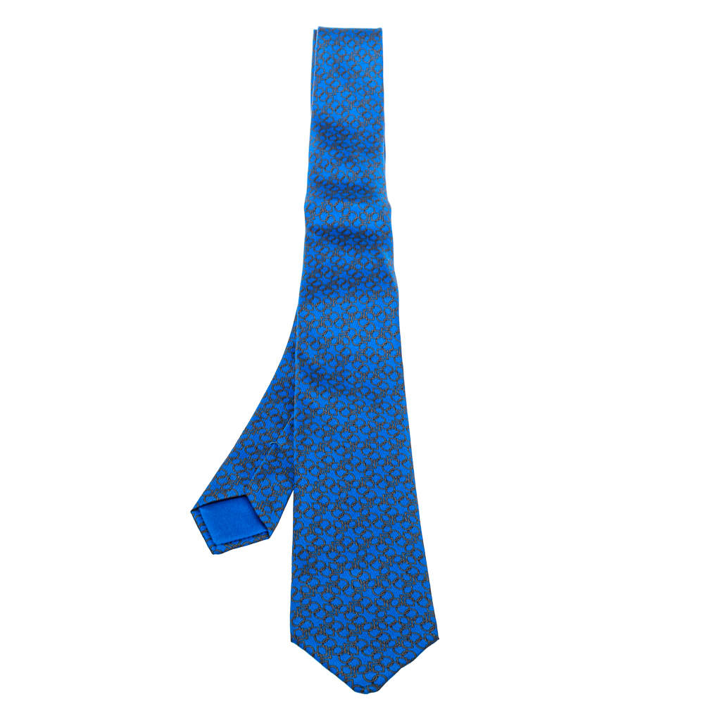 Pre Owned Hermes Blue Printed Silk Narrow Tie