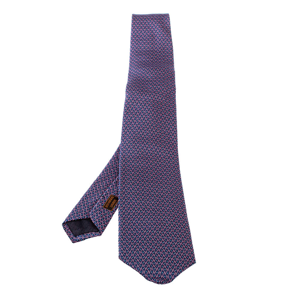 Hermes Navy Blue Printed Silk Classic Tie