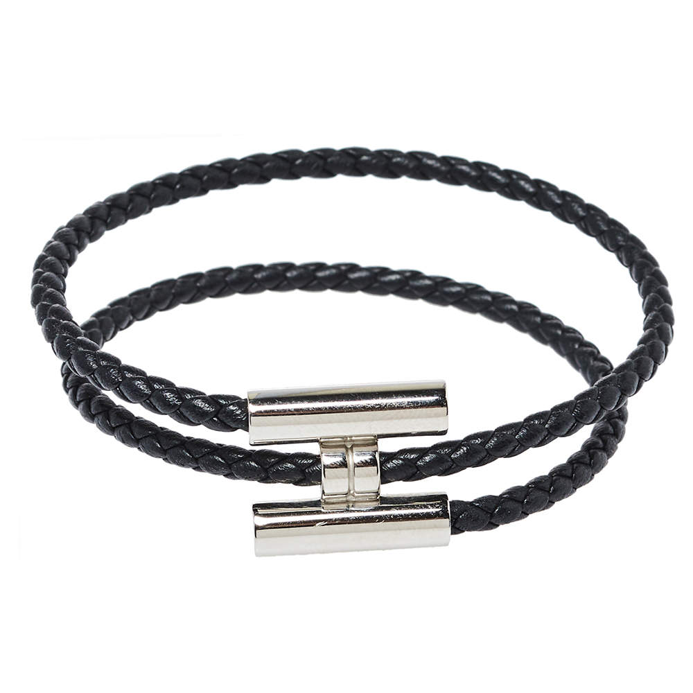 Pre Owned Hermès Tournis Tresse Black Leather Palladium Plated Bracelet