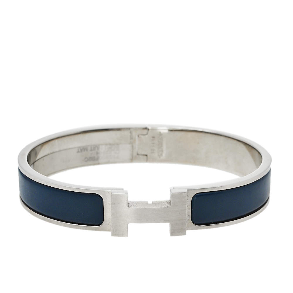 Pre Owned Hermès Clic H Bleu Nuit Enamel Brushed Palladium Plated Bracelet 