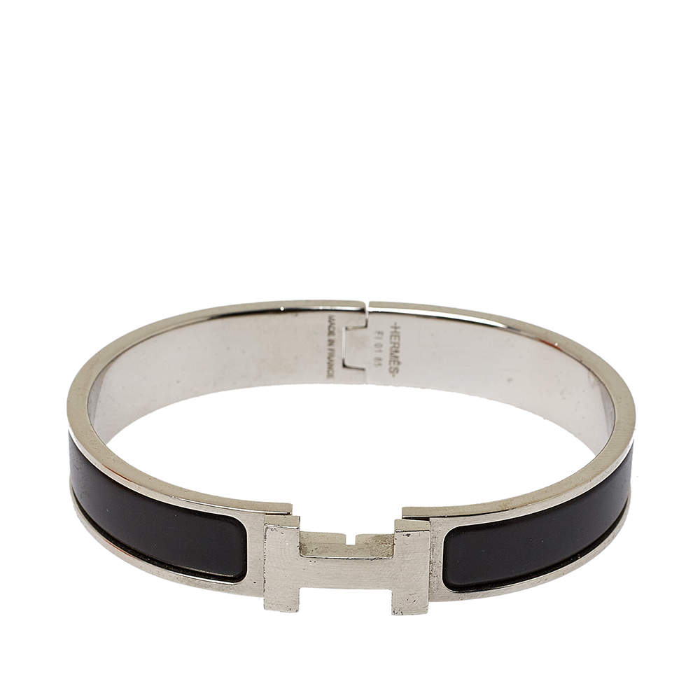 Pre Owned Hermès Clic HH Black Enamel Brushed Palladium Plated Bracelet 