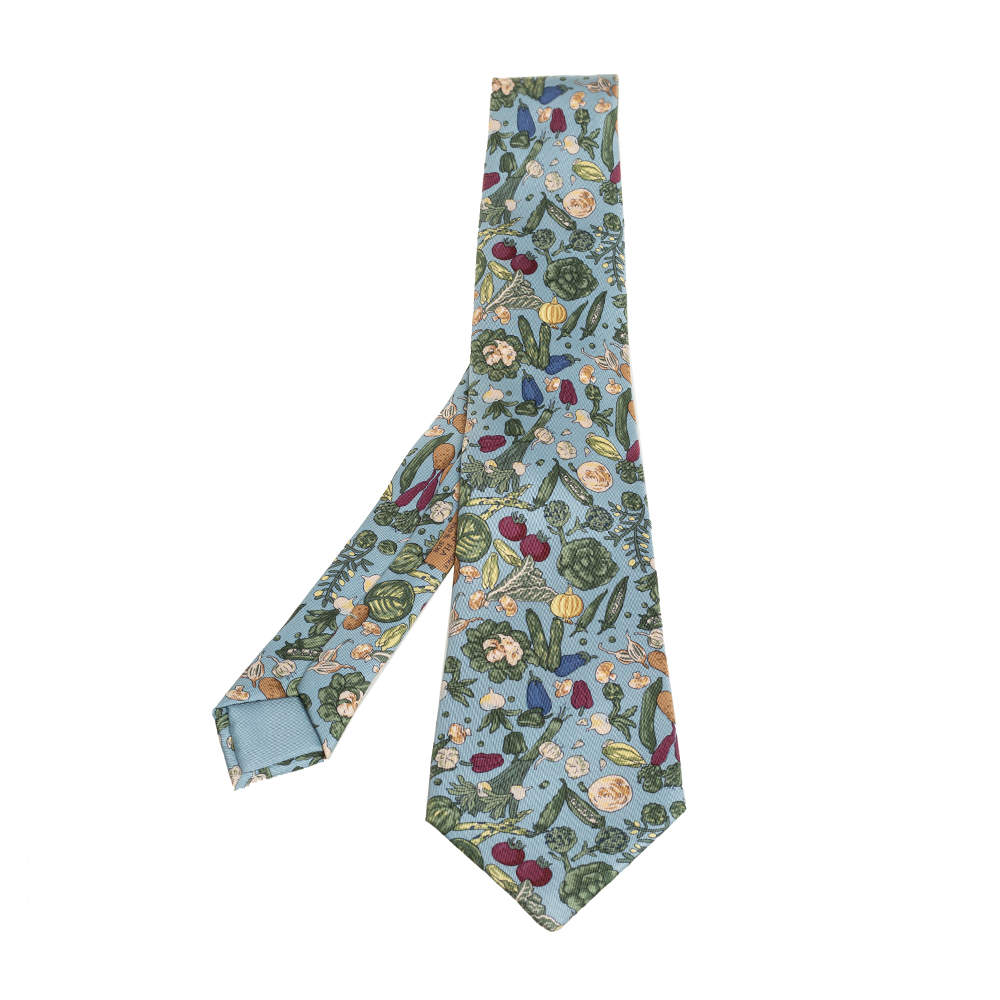 Pre Owned Hermès Powder Blue Vegetable Print Silk Tie
