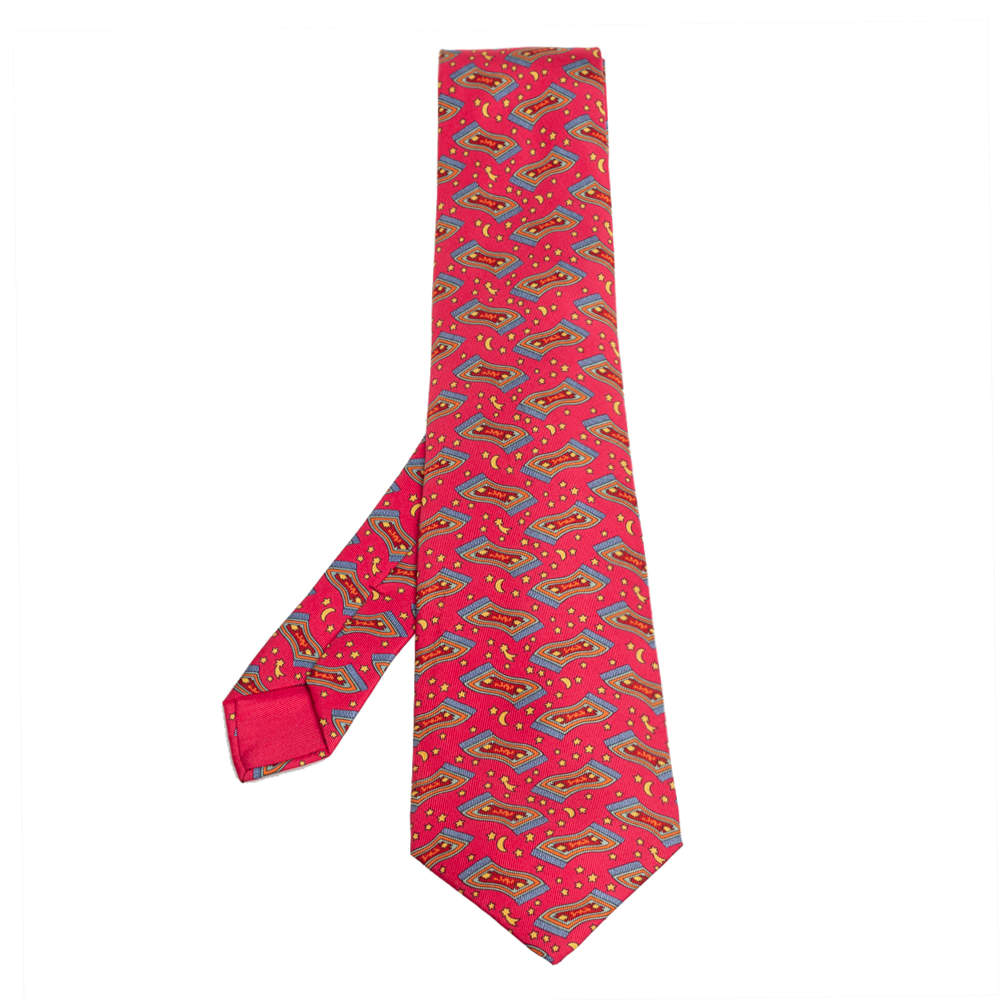 Pre Owned Hermes Vermillion Magic Carpet Print Silk Tie