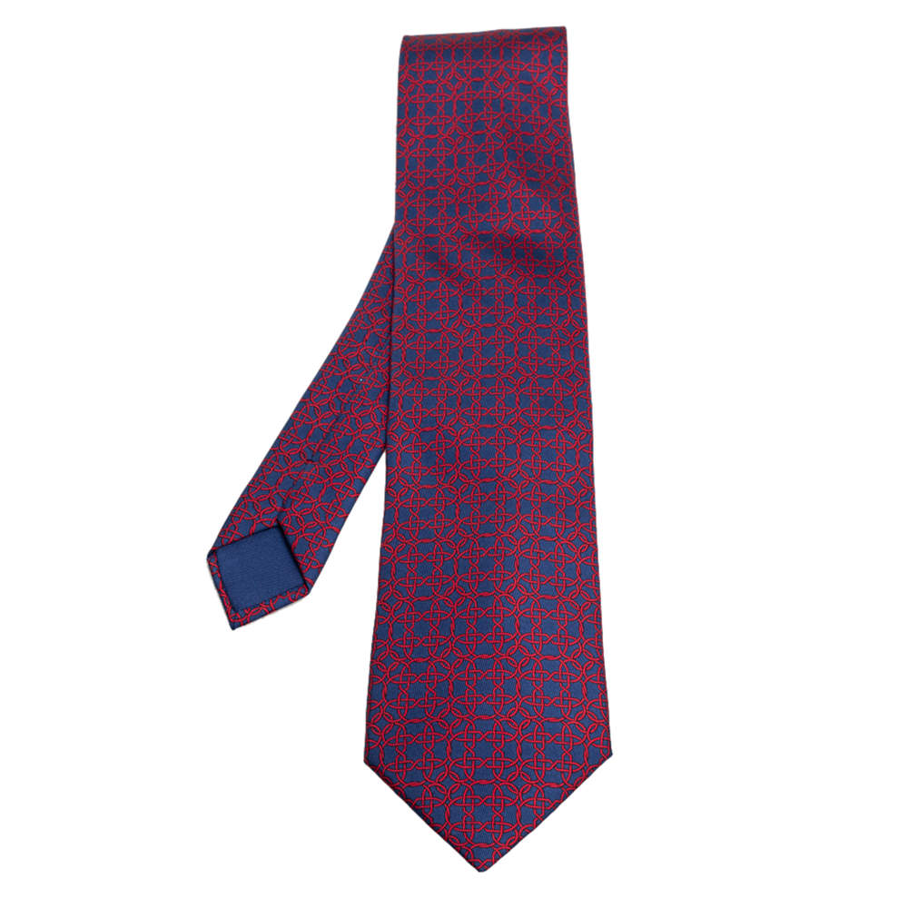 Pre Owned Hermes Navy Blue Geometric Print Silk Tie