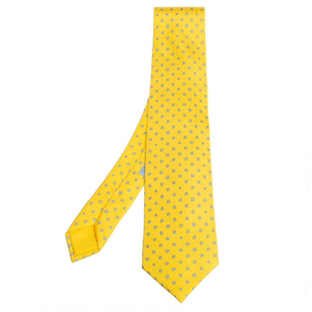 Pre Owned Hermes Yellow H Tonneau Print Silk Tie