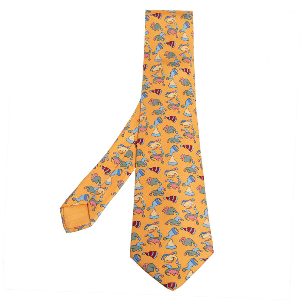 Pre Owned Hermes Yellow Jester Hat Print Silk Tie