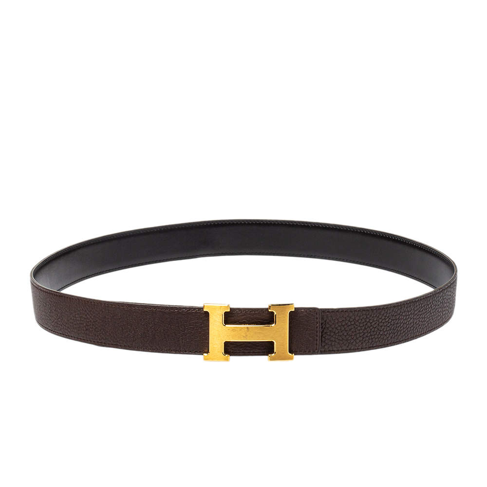 Pre Owned Hermes Black/Chocolate Chamonix and Togo Leather Constance Reversible Belt 100 CM