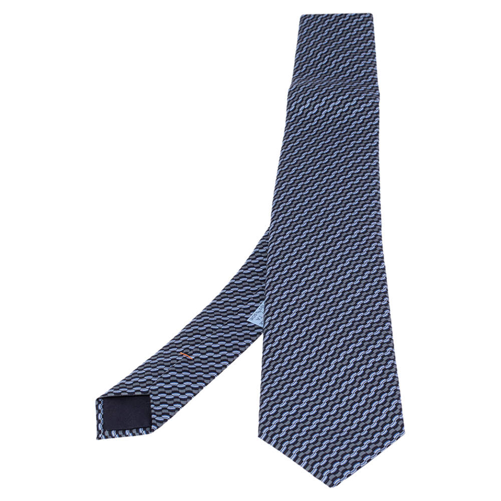 Pre Owned Hermès Grey & Blue Printed Silk Tie