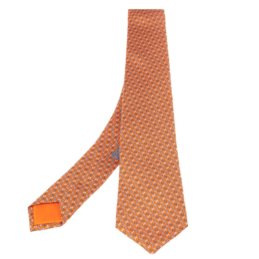 Pre Owned Hermès Orange 7 H Equilibre Silk Tie