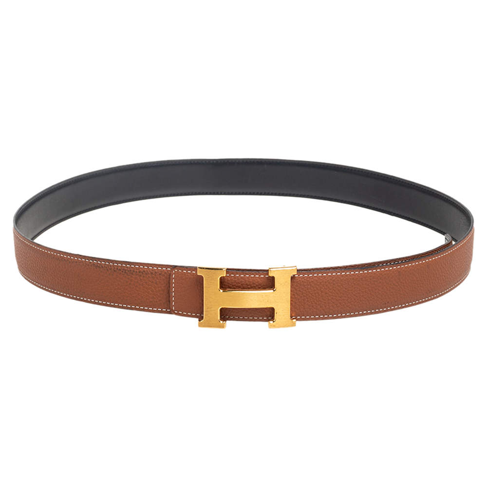 Hermes Gold/Noir Togo and Box Leather H Reversible Buckle Belt 100CM