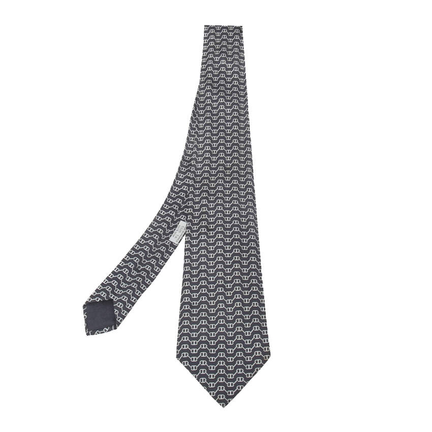 Pre Owned Hermès Grey Chaine d'Ancre Print Silk Tie