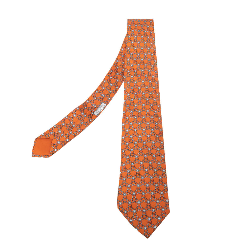 Pre Owned Hermès Orange Interlocking Link Print Silk Tie