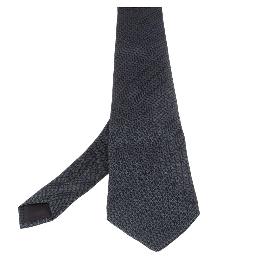 Pre Owned Hermes Navy Blue Printed Classic Silk Tie
