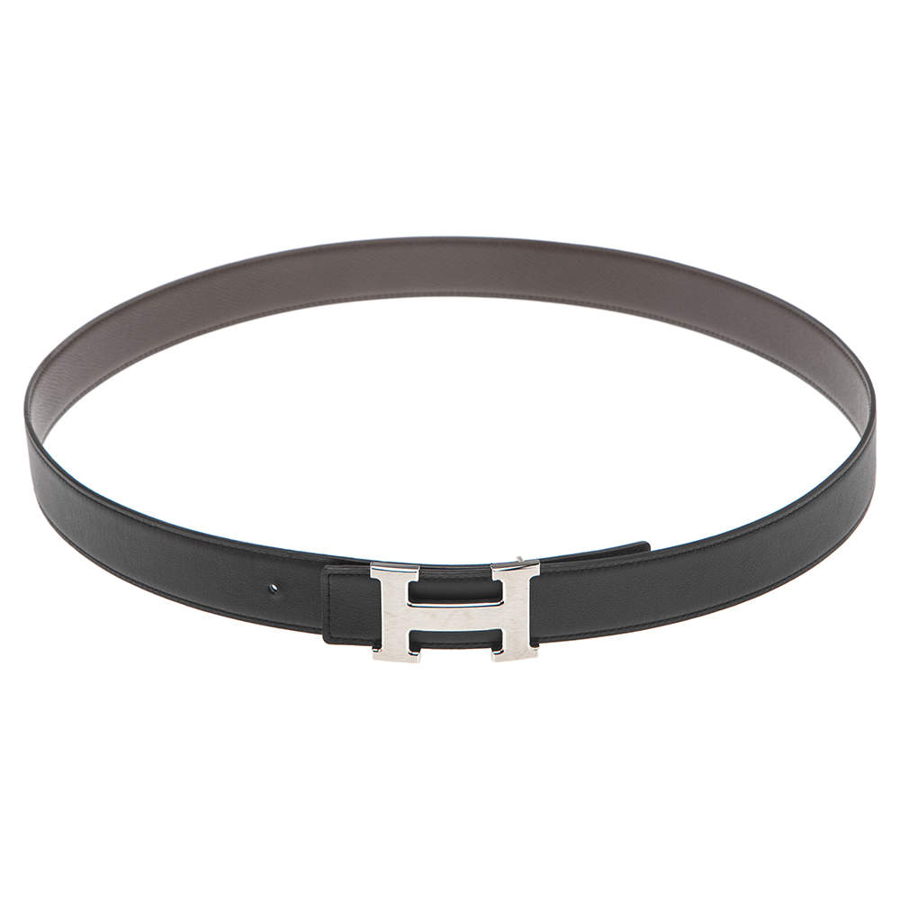Pre Owned Hermes Black/Chocolate Swift and Epsom Leather Reversible H Buckle Belt 100CM