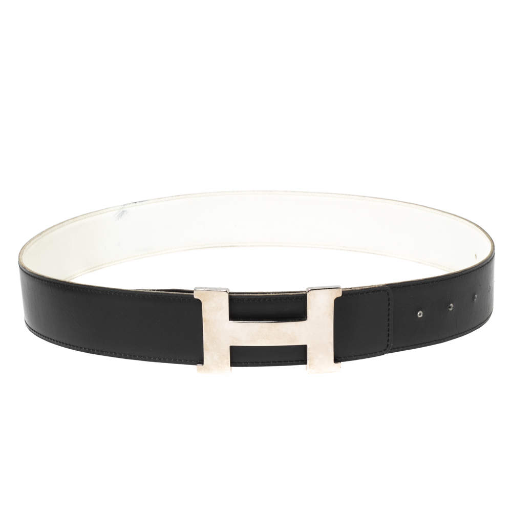 Hermes Black/White Epsom and Box Leather Palladium Hardware Constance Reversible Belt 90CM
