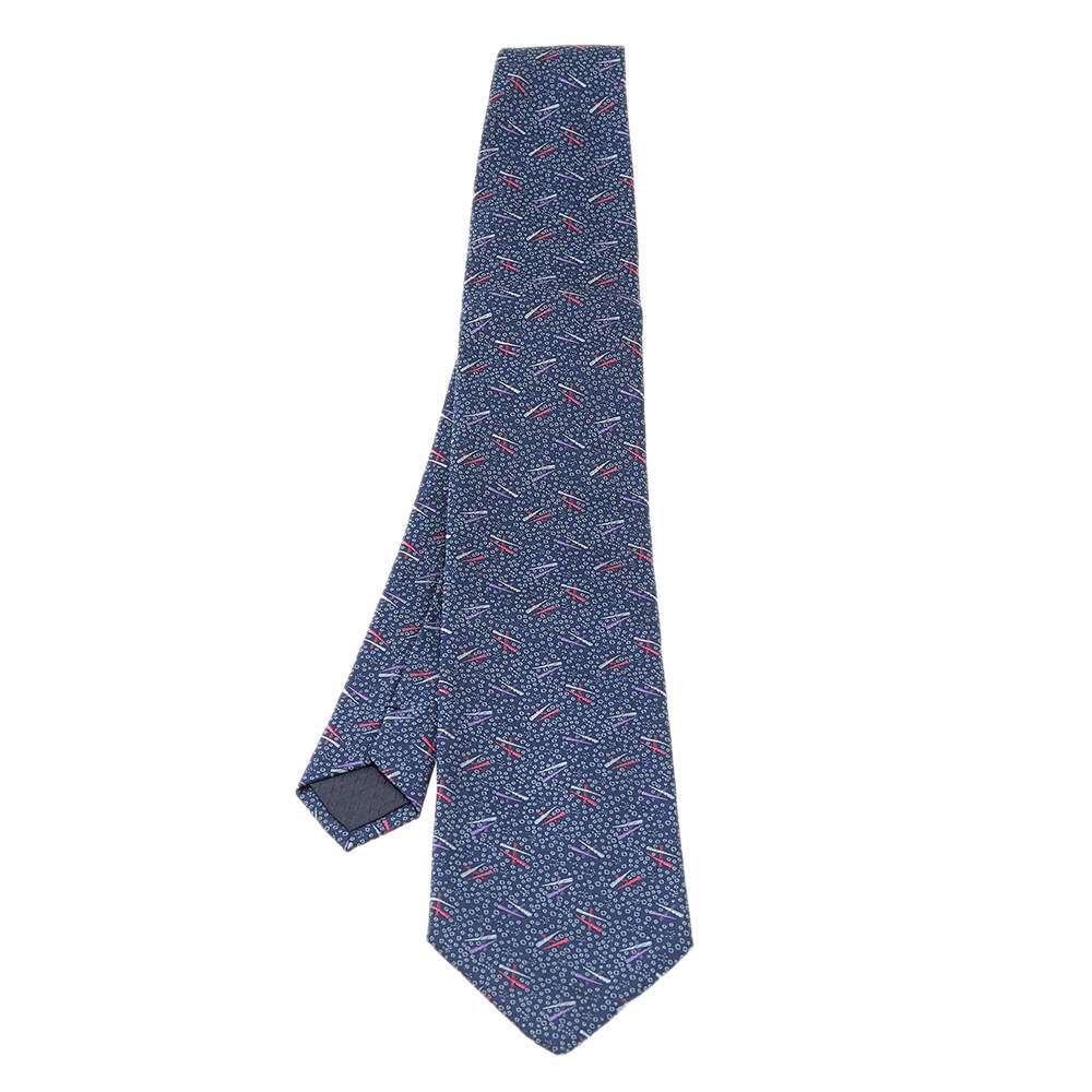 Pre Owned Hermes Navy Blue H Patterned Silk Jacquard Tie