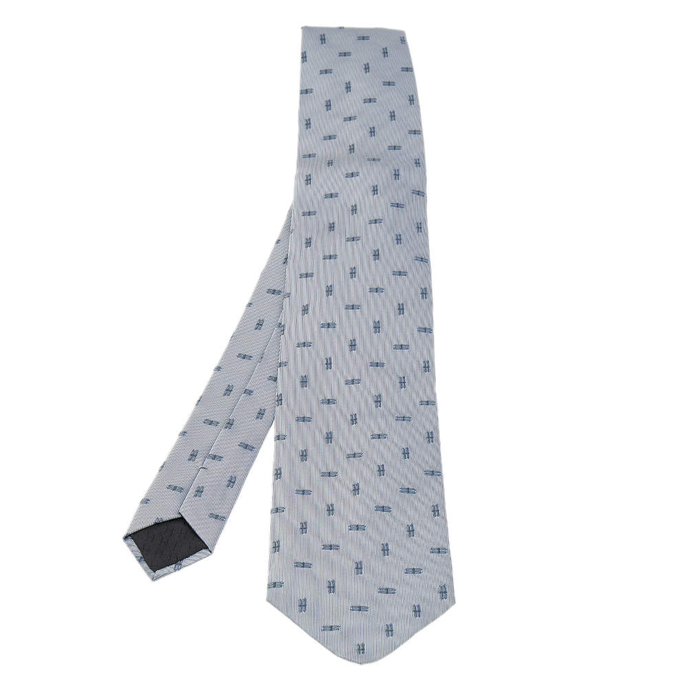 Pre Owned Hermes Grey Pinstripe Patterned Silk Jacquard Tie