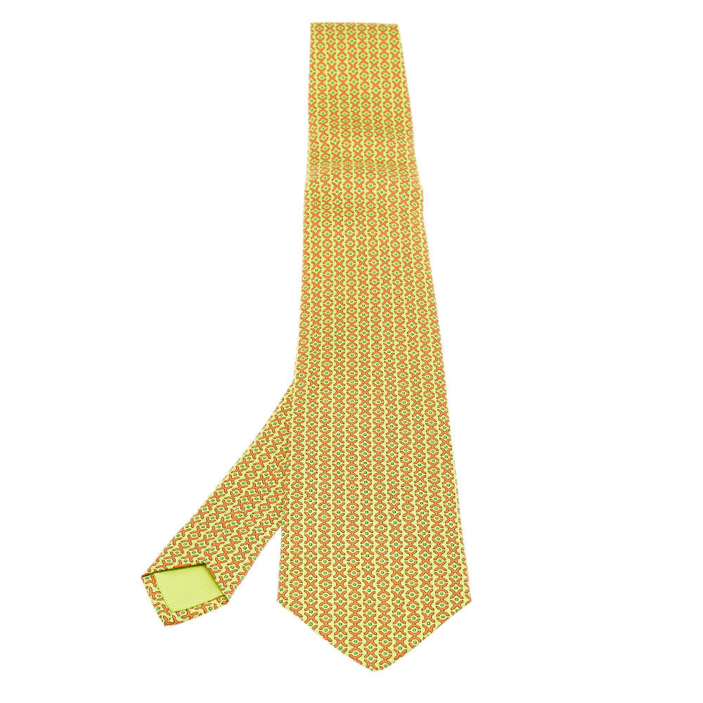 Pre Owned Hermes Yellow Patterned Silk Tie
