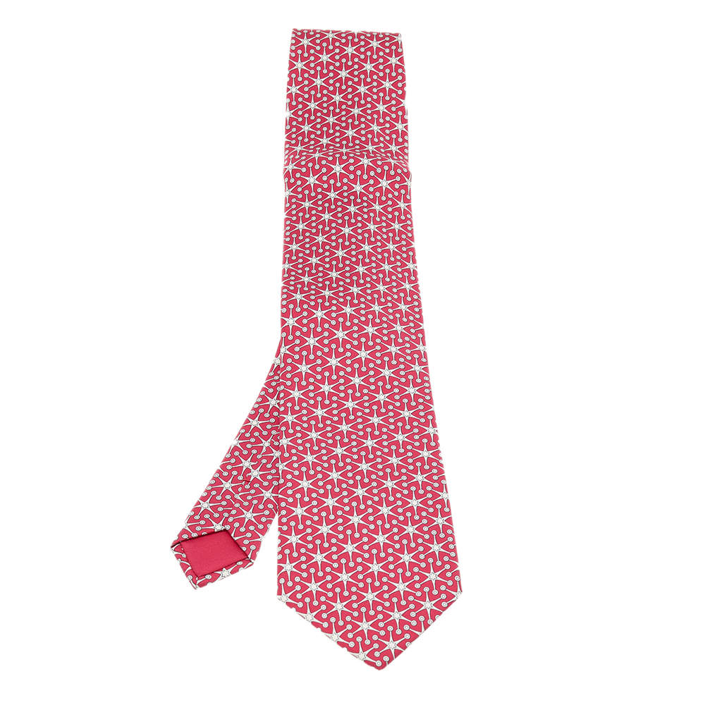 Pre Owned Hermes Red Starburst Printed Silk Tie
