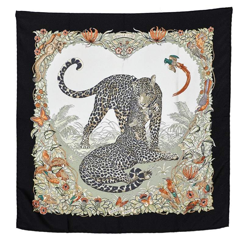 Pre Owned Hermès Black & Cream Jungle Love Silk Gavroche Scarf