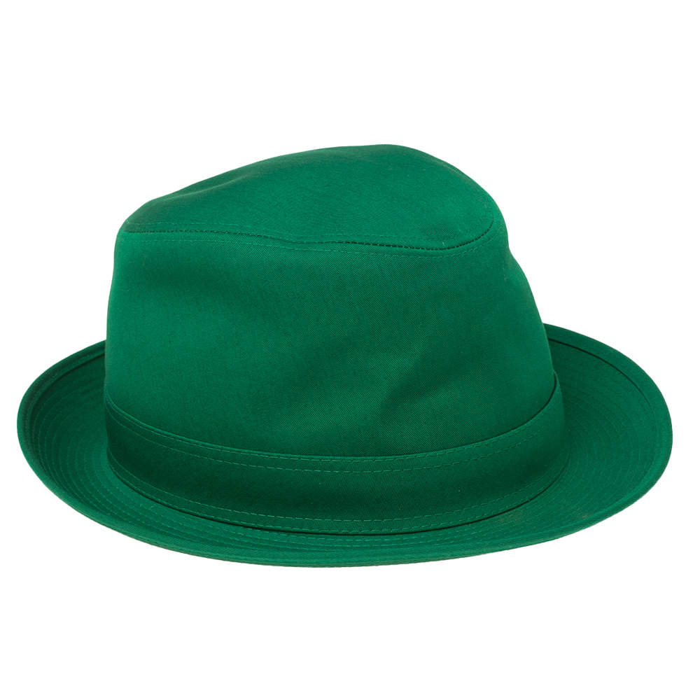 Hermes Green Cotton H Embroidered Funky Fedora Hat Size 58