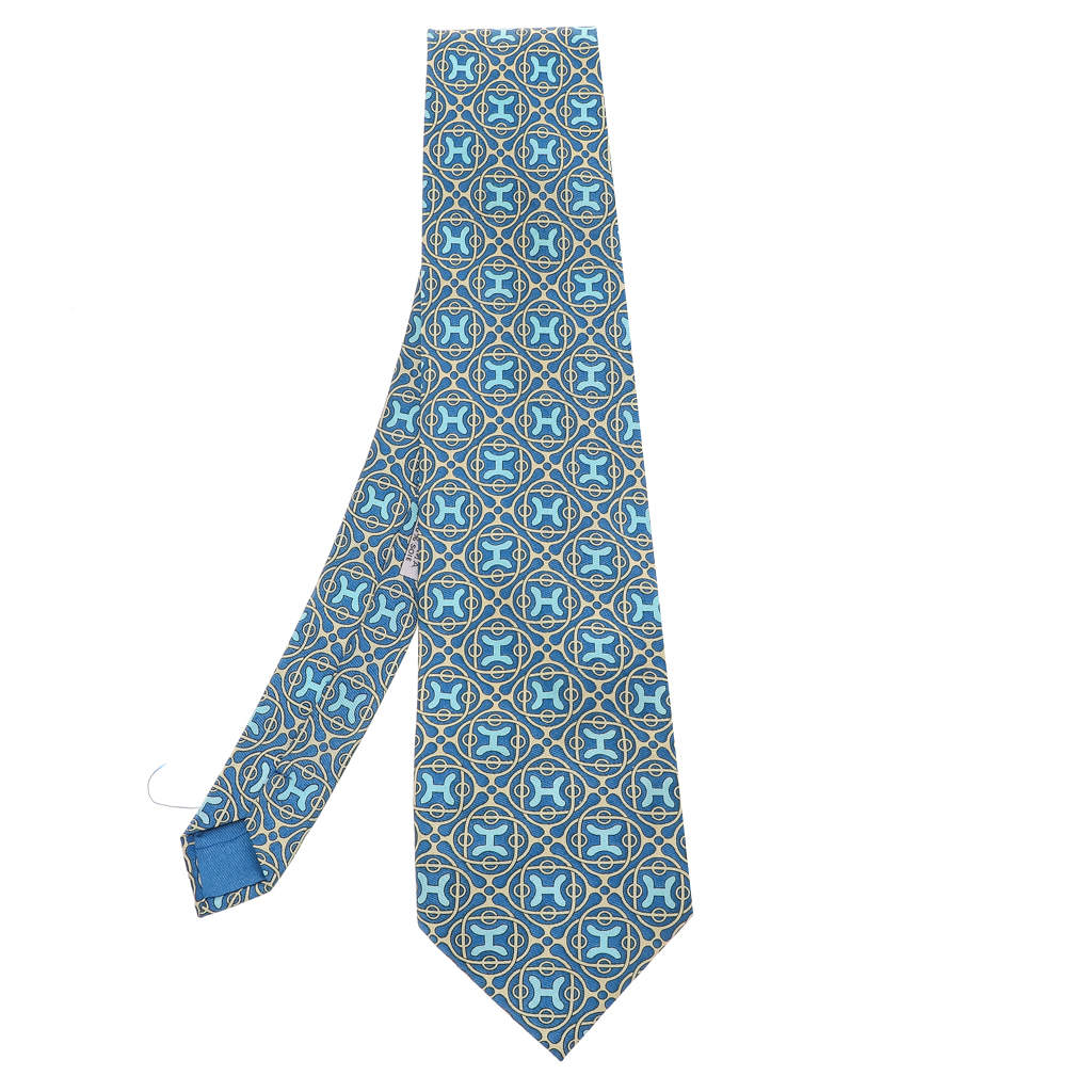 Pre Owned Hermes Blue H Logo Print Silk Tie