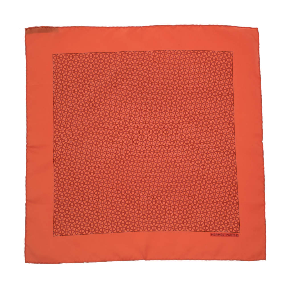 Hermes Orange Chaine D'Ancre Silk Pocket Square