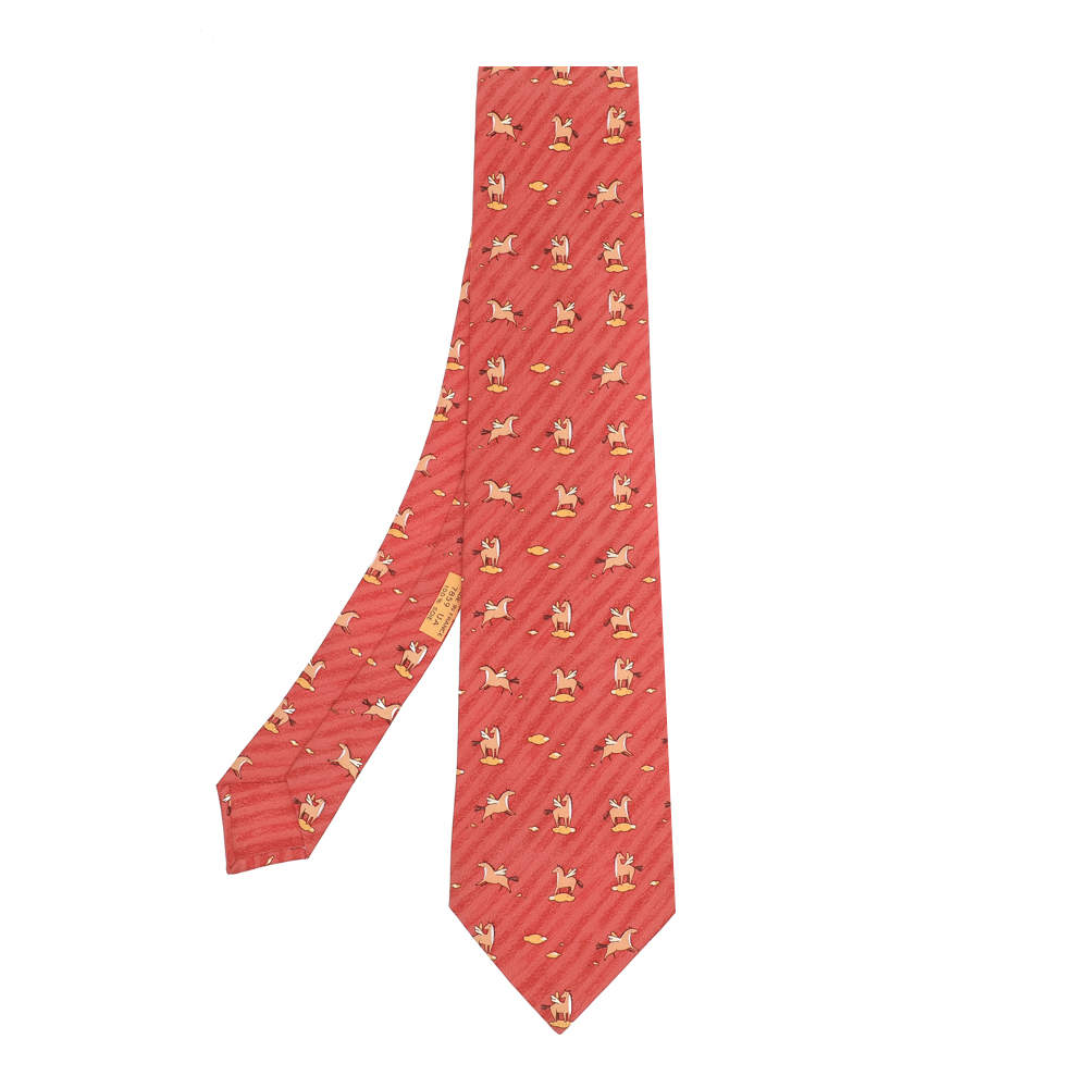 Pre Owned Hermes Orange Pegasus Printed Silk Tie 